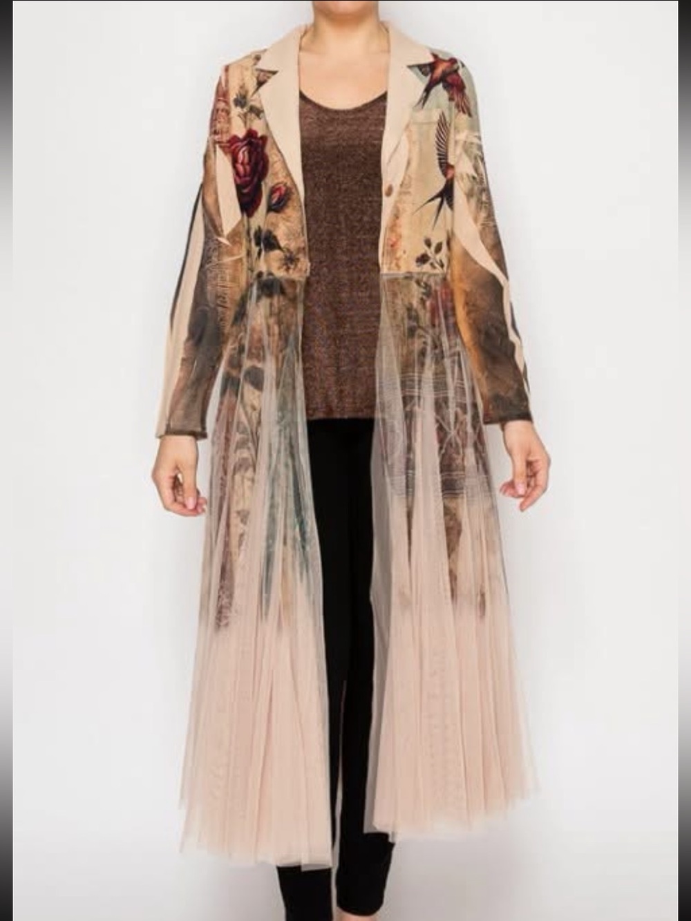 Floral and Bird Sheer Tulle Maxi Duster Coat